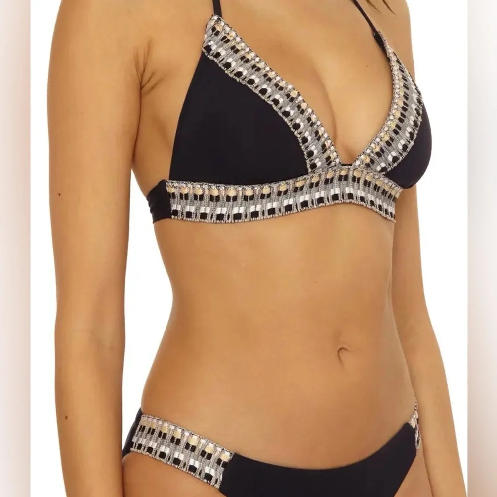 Becca Fiesta Bikini Set Matching 3 Piece Crochet Black Triangle Wireless Bra: L